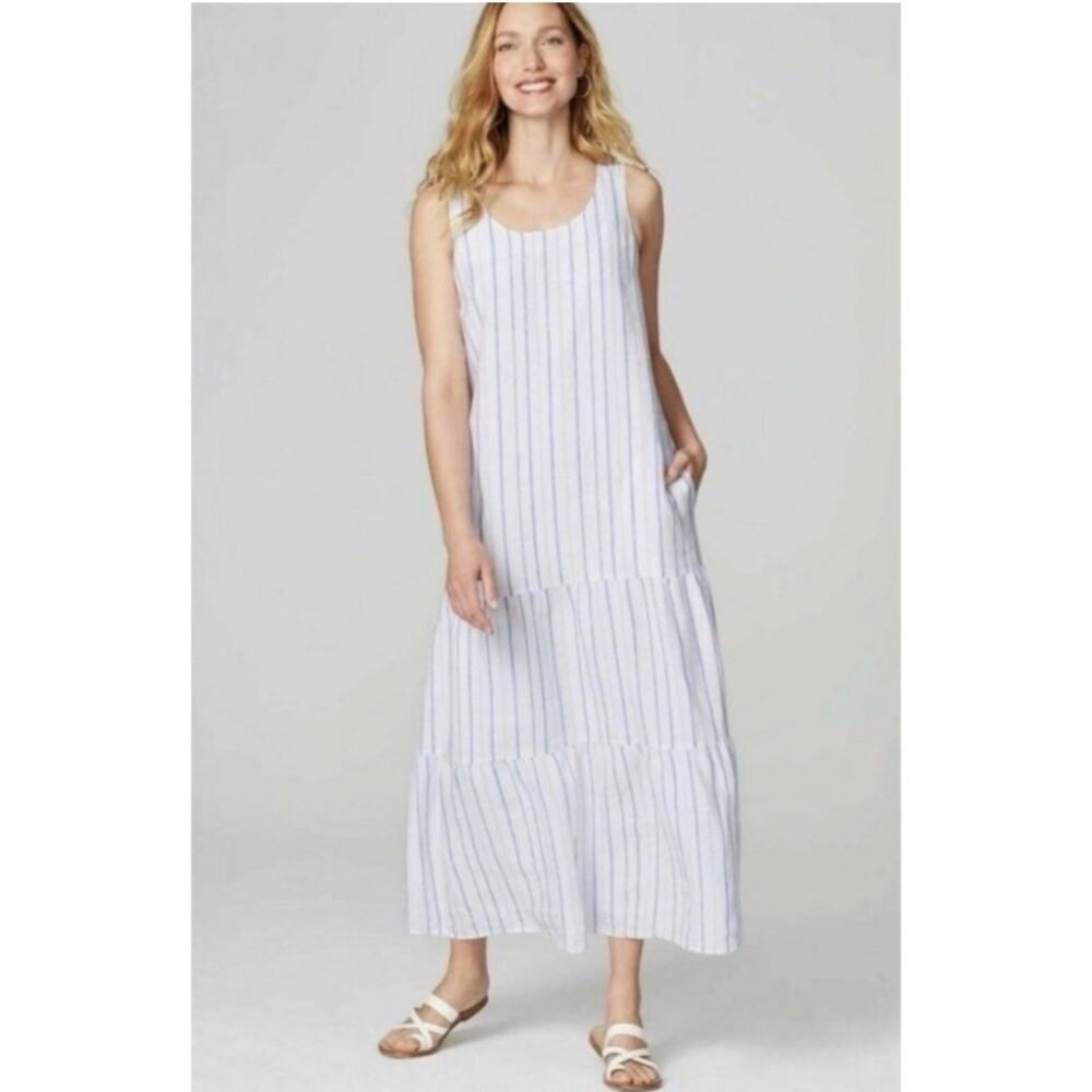 J Jill Love Linen Striped Sleeveless Maxi Dress Small Blue White Pockets Lined